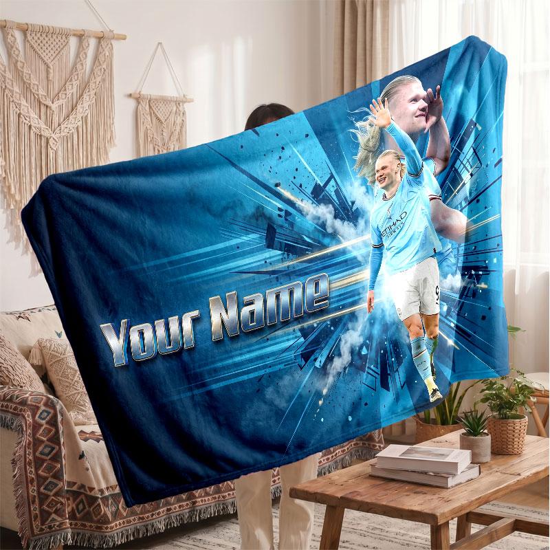 Erling Haaland Personalized Fleece Blanket With Football Logo, Custom Name Text Soft Warm Home Throw Blanket