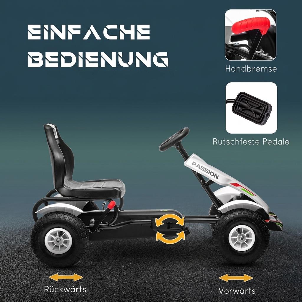 Go-Kart Pedal Car with Hand Brake, Adjustable Seat, Forward and Reverse Gear, up to 50kg for Children 5-12 Years, White