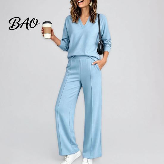 Women Gym Clothing Sweatshirt Pants 2-Piece Set, V-Neck Long Sleeve Top & Wide Lounge Sets Leg Trousers with Elastic Waist, Solid Color Matching