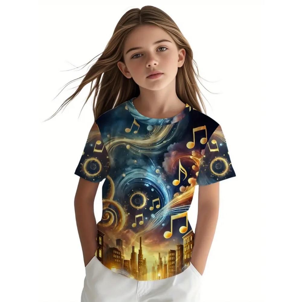Retro children's clothing 3D music notes printed girls' clothing daily casual short sleeved street designer T-shirt top loose and fashionable T-shirt