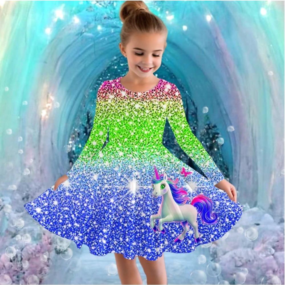 Abito Casual da Ragazza con Stampa Unicorno 3D Girocollo Manica Lunga Abito da Principessa per Bambina