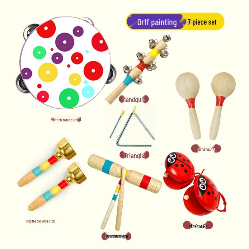 Children's Orff Percussion Instruments: Triangle, Castanets, Maracas, Tambourine, Wood Block, Cymbals