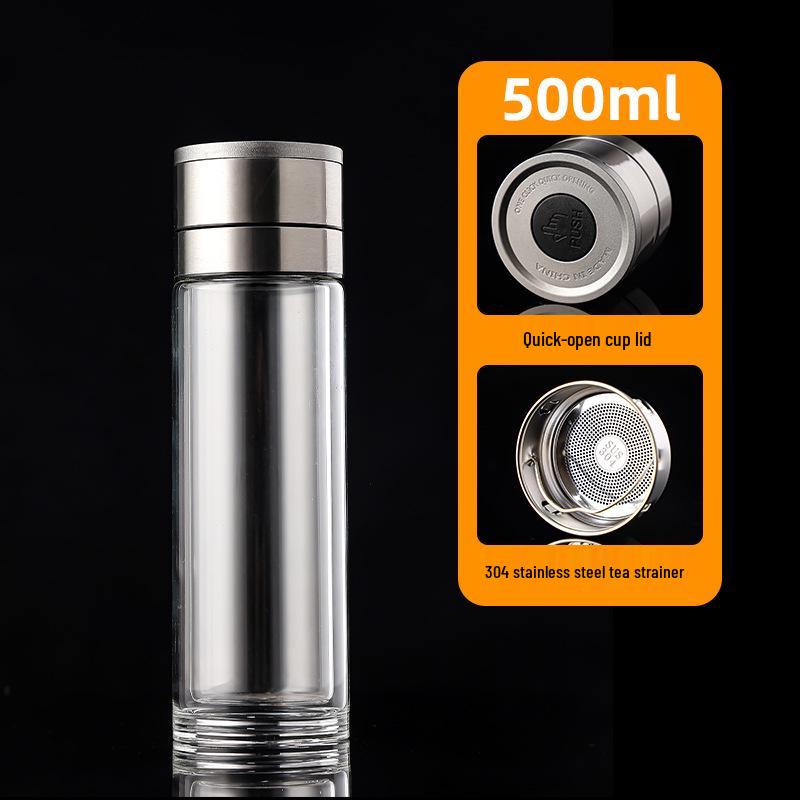 Quick-Open Lid Glass Teacup: Business Car Cup with Tea-Water Separation, Double-Layer High Borosilicate Glass and Printed Design