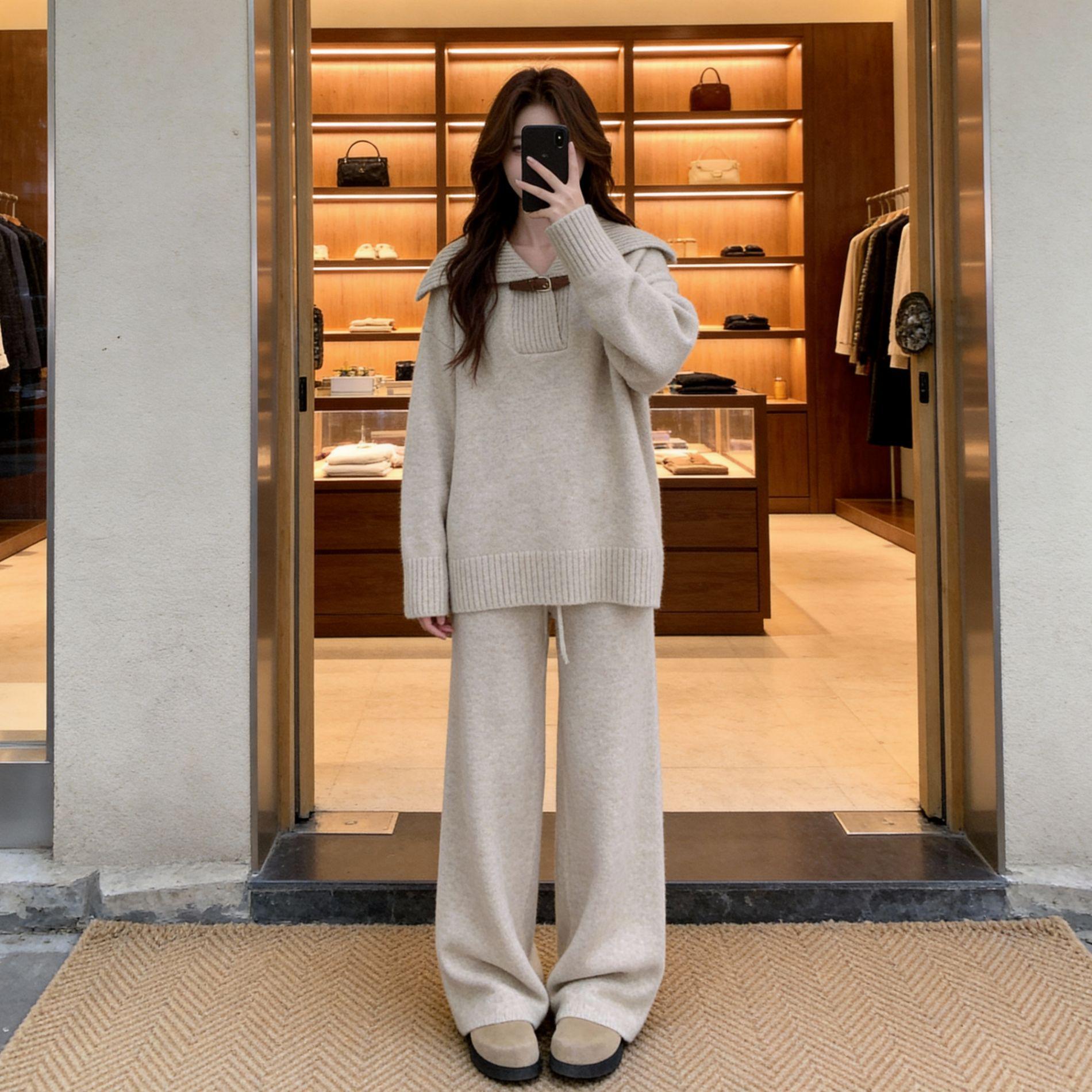 

Korean Style Women s Winter Knit Two-Piece Set: Age-Reducing Elegant Sweater & Loose Wide-Leg Pants Medium