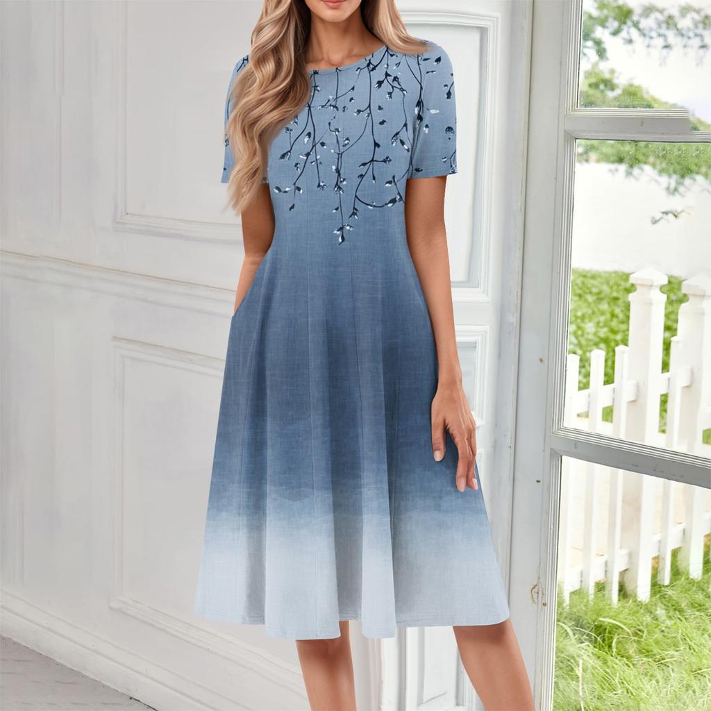 Women's Casual Fashion Round Neck Short Sleeve Print Midi Dress