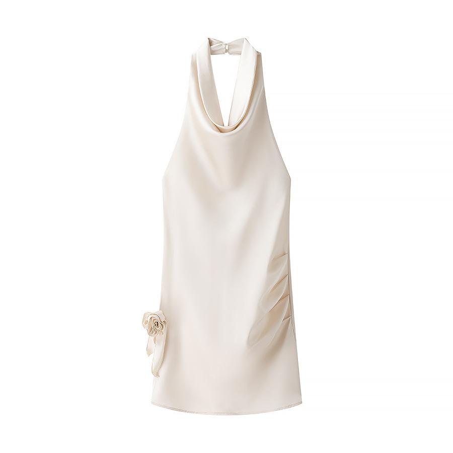 Spring and summer French design high-end three-dimensional rose decoration temperament sexy backless swinging neck dress