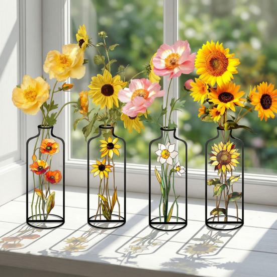 4 Pcs Wire Flower Vases Hollow Desktop Planter with Stained Glass Floral Design Hydroponic Propagation Station Flower Holder for Home Wedding Decor