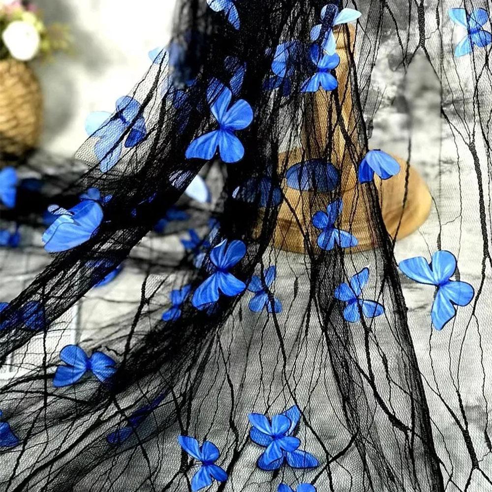 High Quality Black Transparent Blue 3D Butterfly Flower Lace Mesh Fabric Wedding Dress Fashion Costume Designer Embroidery Tulle
