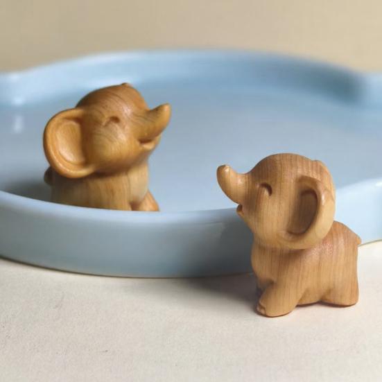Mini Elephant Figurine Cute Wooden Miniature Animal Sculpture Small Collectible Wildlife Statue for Living Room Office Shelf Decor