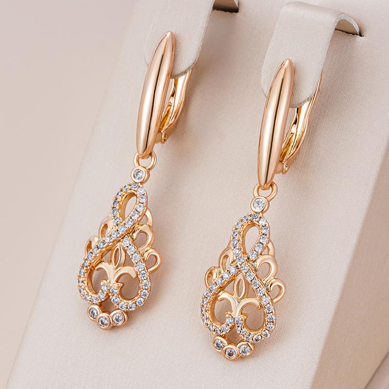 Trend Crystal Flower Long Dangle Earrings For Women Natural Zircon  Rose Gold Color Ethnic Bride Fine Daily Jewelry