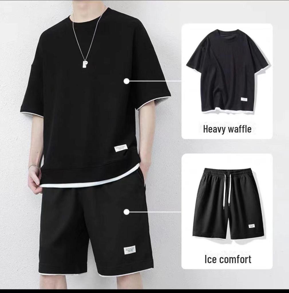 2022 Men's Waffle Short Sleeve Sports Leisure Suit - 2-Piece Set