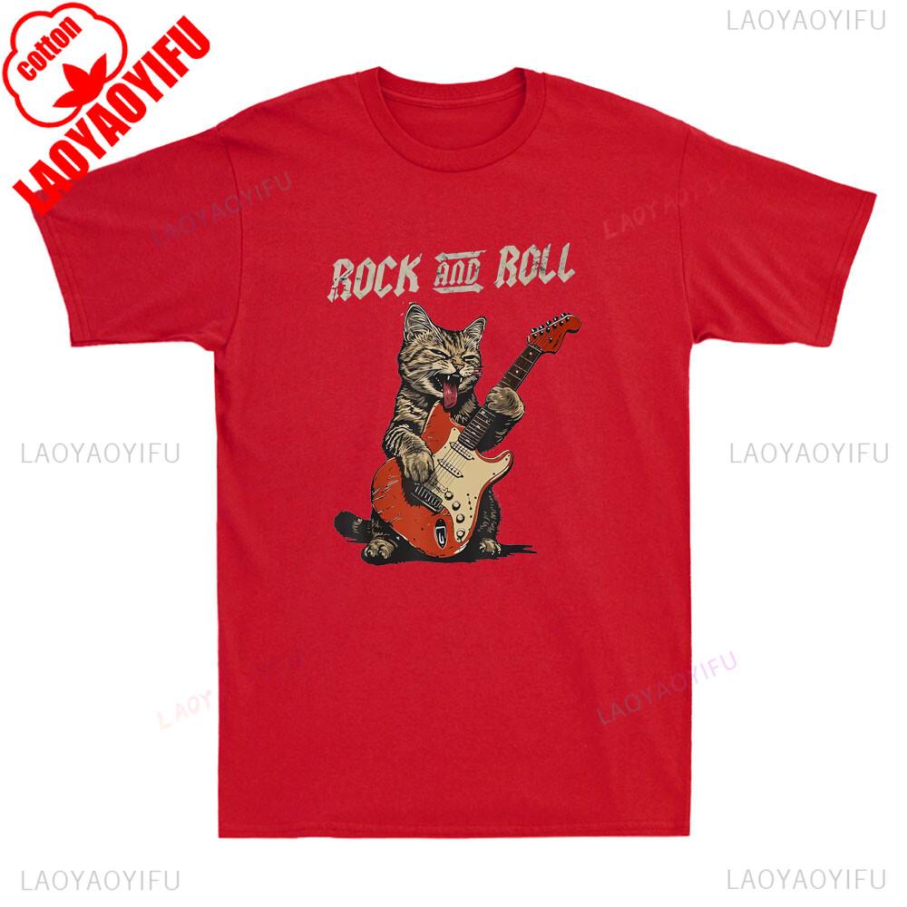 Rock and Roll Guitar Cat Tshirt Funny Cat Playing Guitar Graphic Vintage Mens TShirt Men Summer Crewneck Cotton Short Sleeve