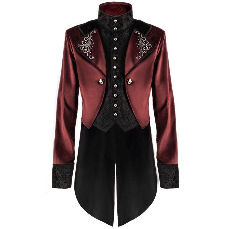New Foreign Trade Christmas Stand-Collar Medieval Retro Clothing Mid-Length Punk Men s Coat Amazon High Collar Fake Two Piece Jacket Red XXXL