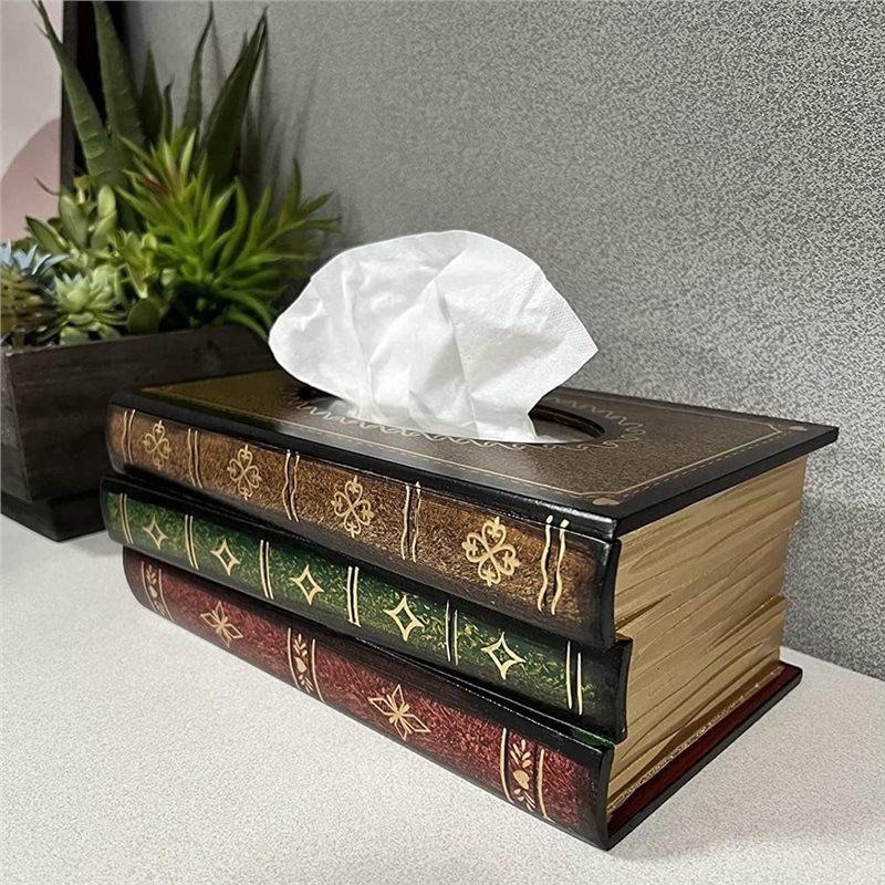 SHGO-Classical Retro Wooden Crafted Antique Book Tissue Box Cover Rectangular Tissue Dispenser Paper Holder Case 1Pc