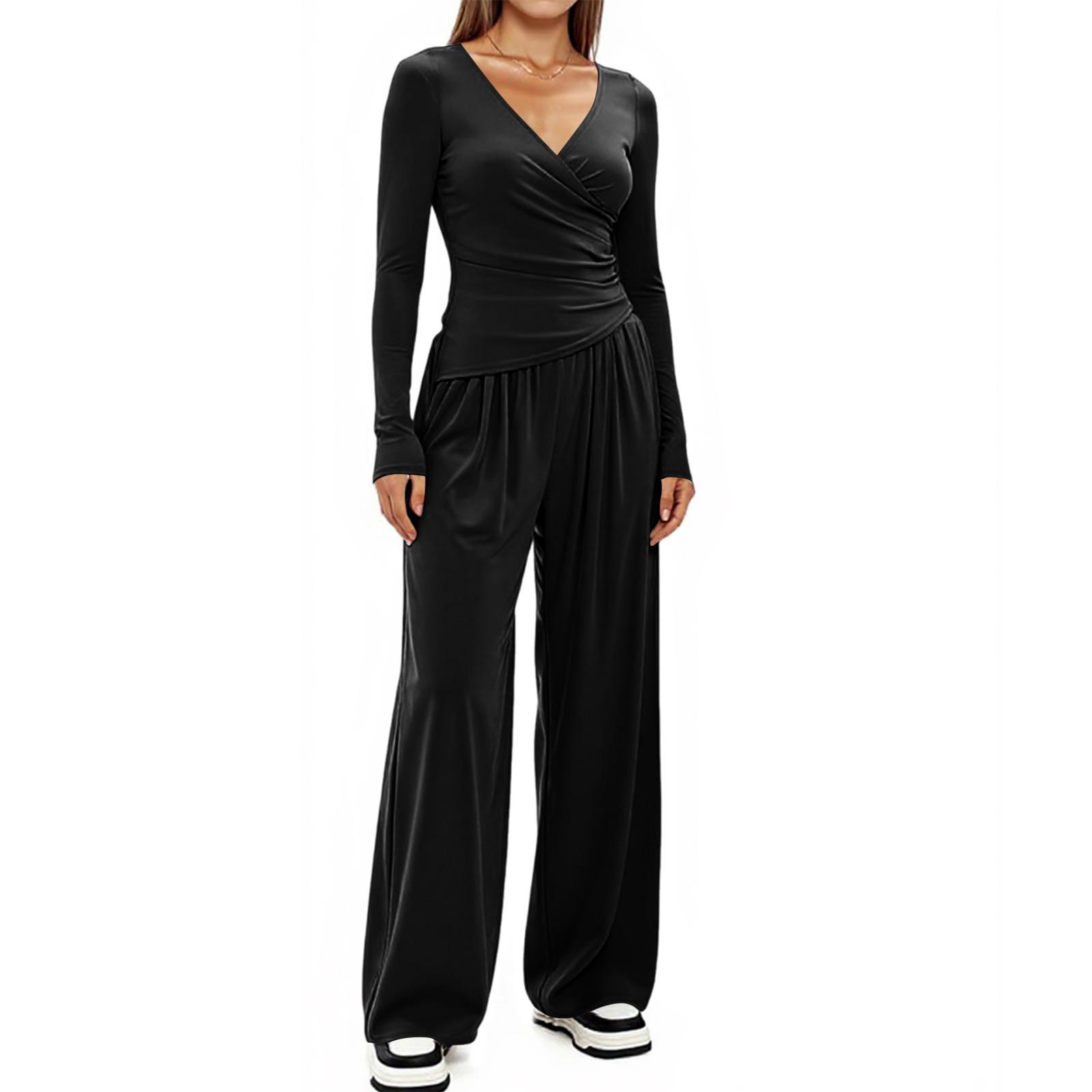 

Two Piece Sets For Women Casual Loose Long Sleeve Shirts And High Waisted Drawstring Shorts Tracksuit Fall Outfits L чорний