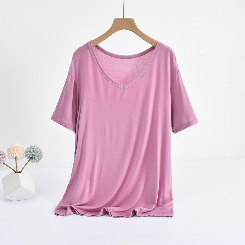 Modal V-Neck Tshirt Summer Women's Thin T-shirts Half Sleeves Solid Color Plus Size Loose Casual Tee Tops