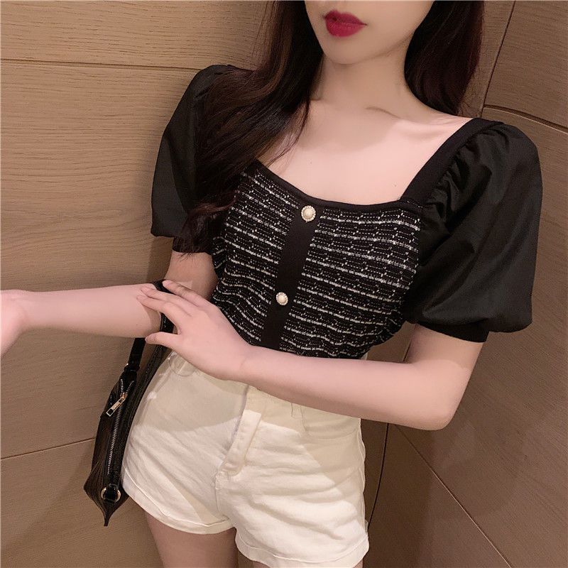 New Style Short-sleeved Spliced puff Sleeves Ice Silk Women's Slim Square Collar Knit Top
