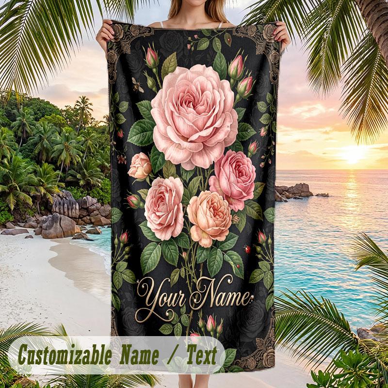 Roses Elegance 4 Theme Quick Dry Beach Towel Custom Name Text Print Large Sand Resistant Towel Beach Vacation