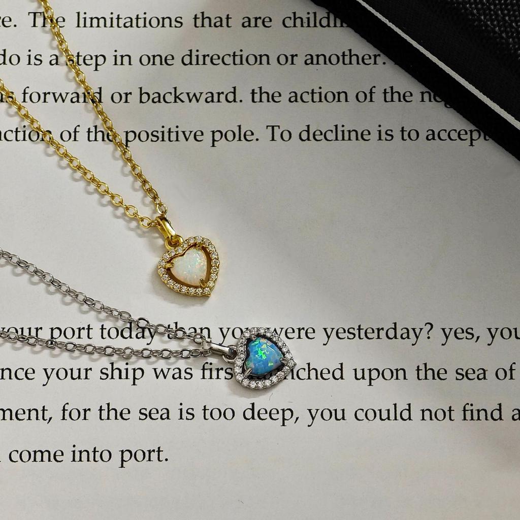 S925 Sterling Silver Ocean Heart Minimalist Necklace with Opal Inlay