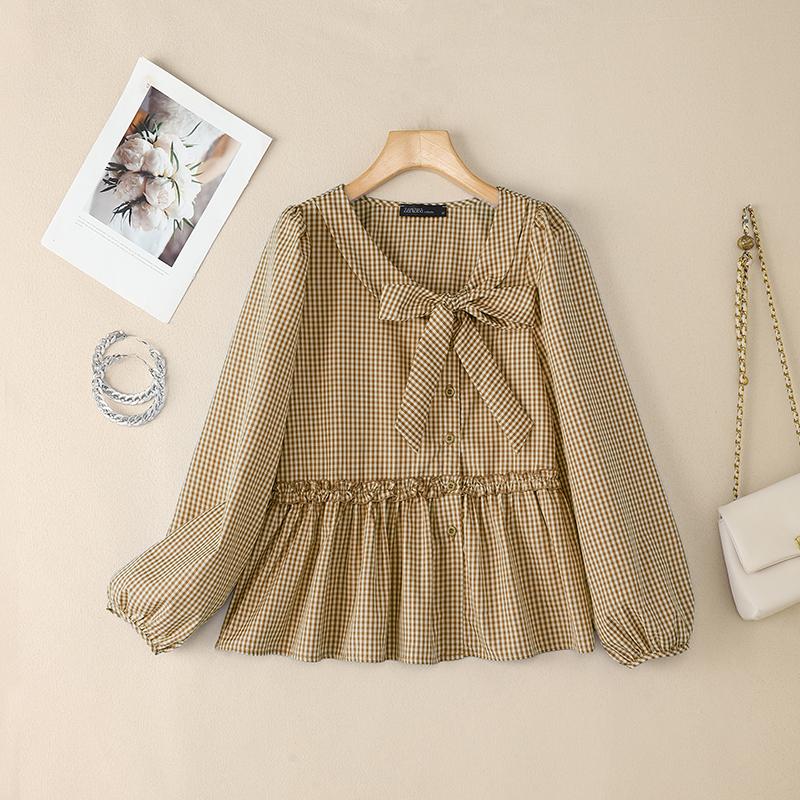 

ZANZEA Женская блузка с бантом на воротнике, повседневная, с длинным рукавом, с принтом в клетку 5XL оранжевый