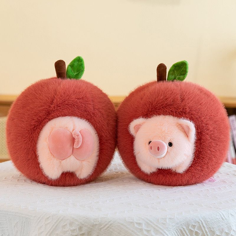 Cute Apple Pig Stuffed Plush Doll Detachable Fluffy Round Kawaii Animal Toys Bedroom Decor Gifts Couple Birthday Holiday Present