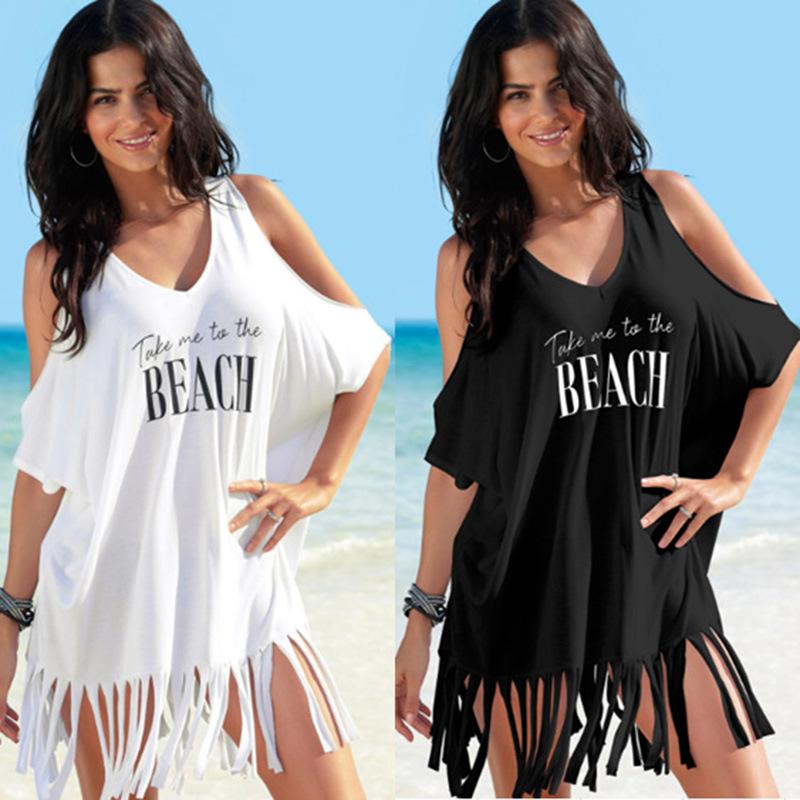 Tassels di cotone off-the-shoulder stampa sciolta da spiaggia bikini costume da bagno camicetta giacca gonna parasole copricostume