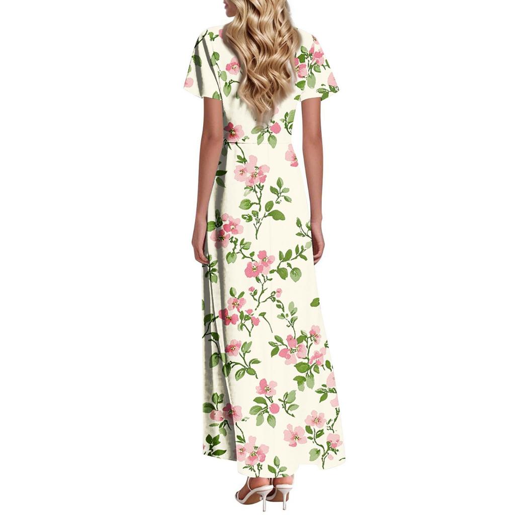 Women's Summer Casual V Neck Short Sleeve Maxi Dress with Floral Print Lightweight Relaxed Fit Flowy Design for Daily Wear