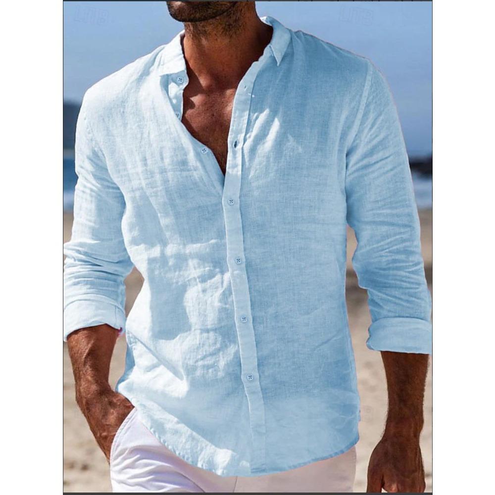 Herrenhemden Frühling/Sommerhemden Strandbekleidung Button-Down-Hemden Einfarbig Urlaubs-Casual Langarm mit Kragen