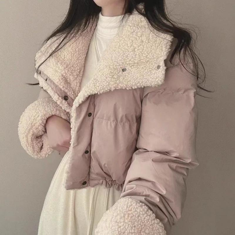 Women's Double-Sided Lambswool Cotton Puffer Jacket - Short Lapel, Loose Fit, Korean Style, Long Sleeve Winter Coat