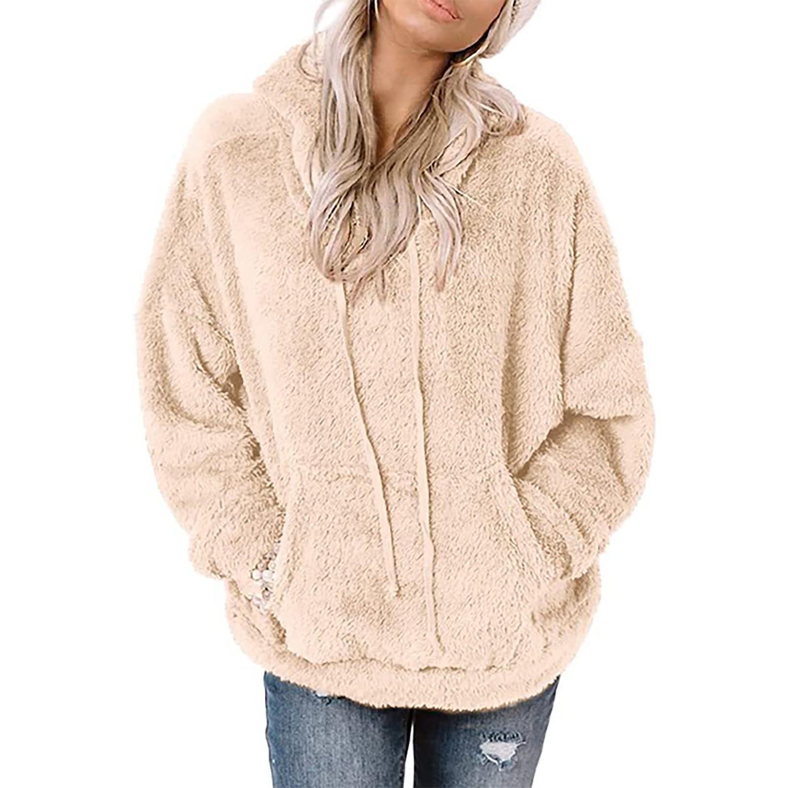 

Женский повседневный пуловер, теплое плюшевое пальто с капюшоном, однотонное свободное пальто с карманами XXL бежевый