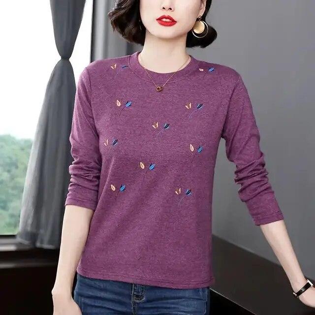 New Women's Spring Autumn Long Sleeves Bottoming Shirt Round Neck Loose Mom Tshirt Fashion New Solid Color Top M-5XL