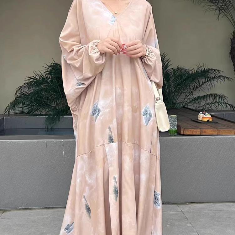 Korean Chic Vacation Style Dress Women Loose Casual Bat Sleeve V-neck Ink Print Design Retro Spring Summer Fashion