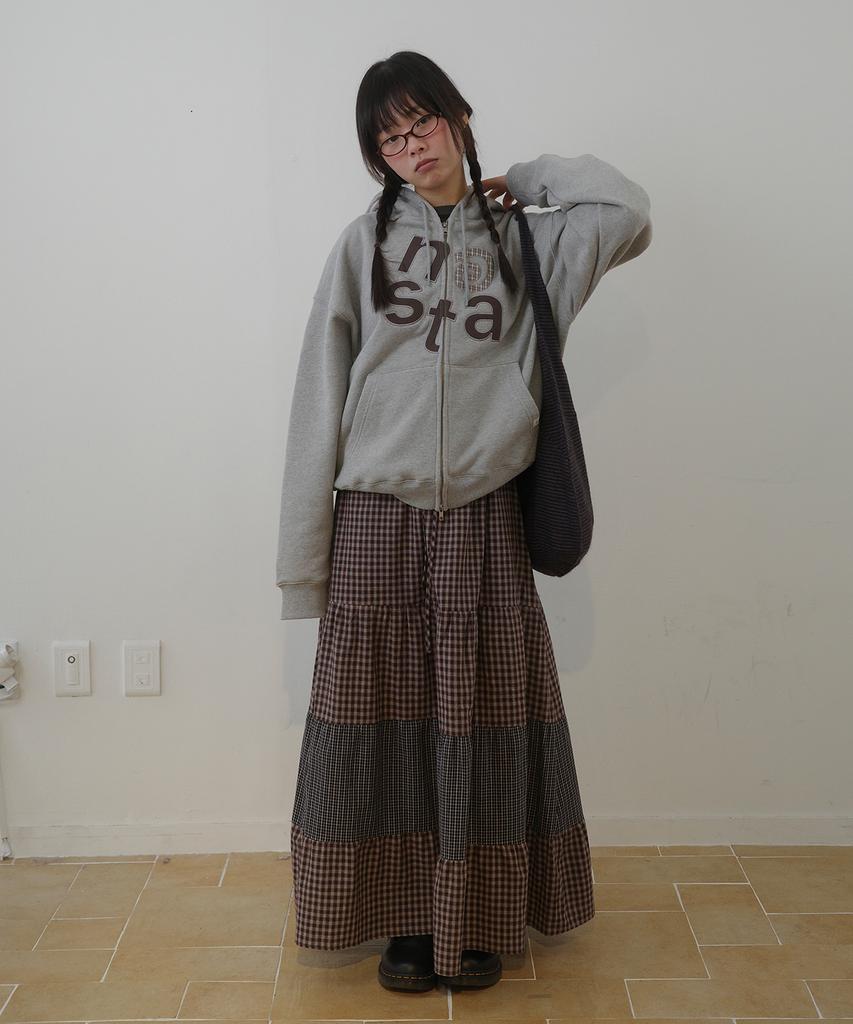 Natsu Check Long Tiered Skirt, Brown