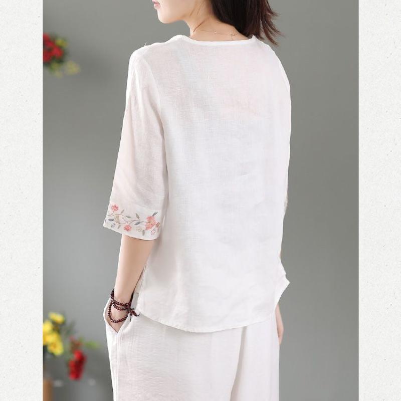 Ρετρό πόρπη με δίσκο από βαμβακερή και λινό κεντημένη μπλούζα Καλοκαιρινή χαλαρή έθνικ στυλ, στρογγυλή λαιμόκοψη, κοντομάνικη γυναίκα