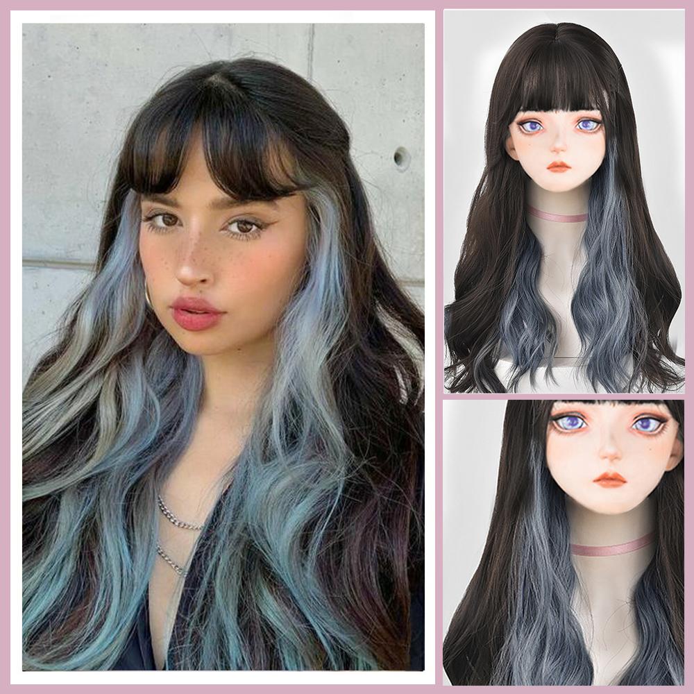 Pony-Perücke, braun, schwarz, synthetischer Farbverlauf, mehrfarbig, Colorblock-Perücke, Lolita-Perücke