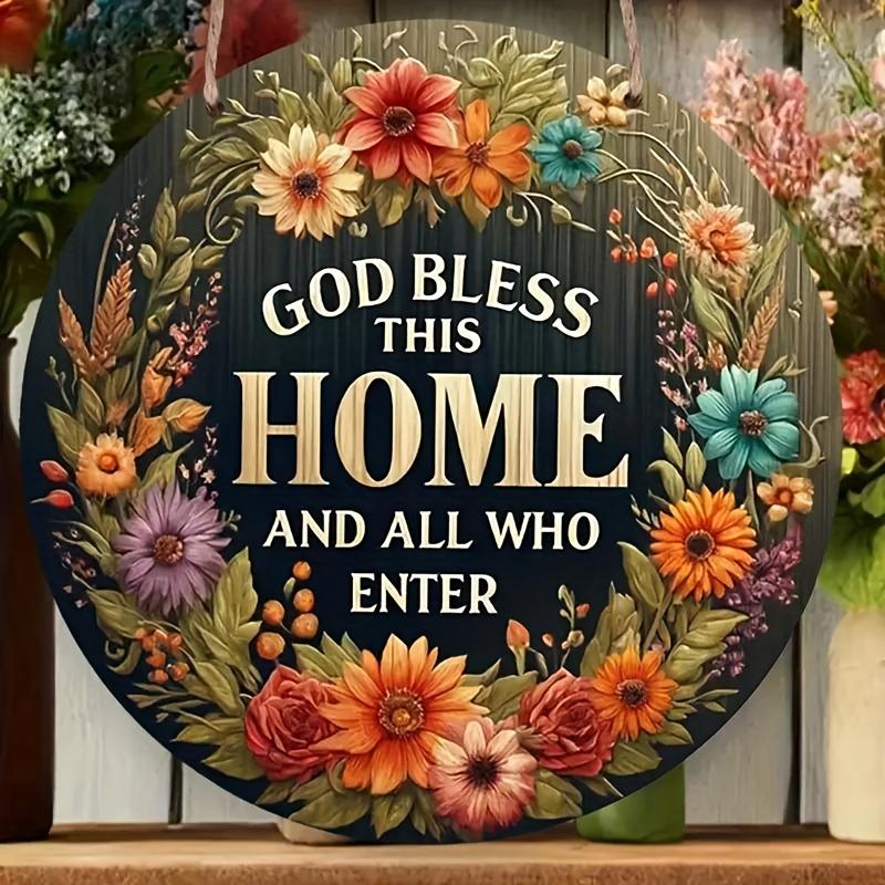 

1 Piece“ God Blessings This Home” Wreath Wooden Welcome Sign - 7.87inch Round, No Battery, Suitable for All Seasons, Ideal for Grade Door, Porch and