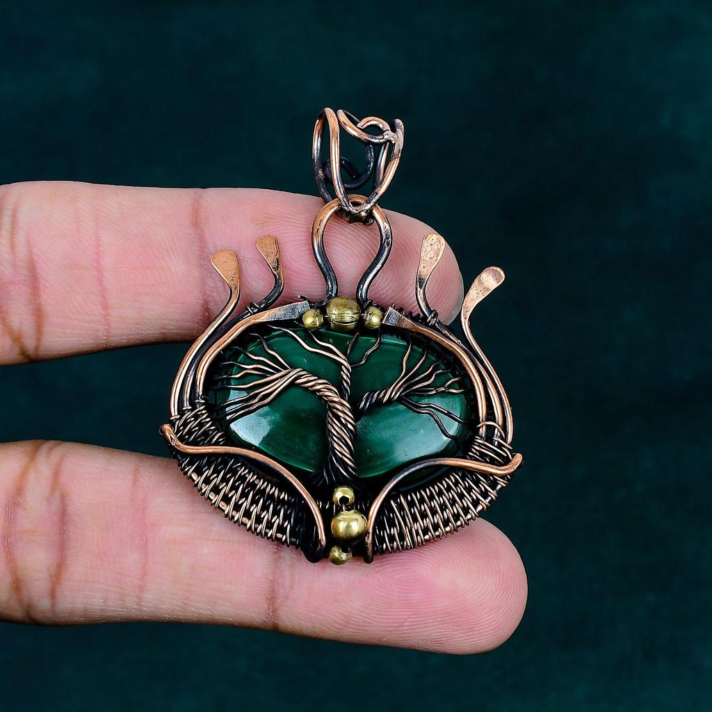 Malachite pendant copper wire wrapped pendant handmade jewelry real gemstone jewelry tree of life pendant birthstone jewelry chain pendant