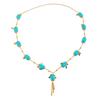 Un llamativo colgante de cadena redonda azul, Un collar largo de alta gama y una cadena para suéter de estilo retro de corte.
