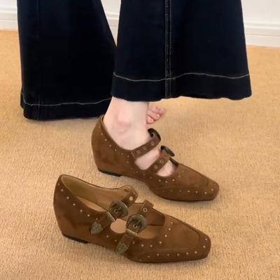 Soft Leather Version~ Retro Punk Style Inner Height Increase Double Buckle with Rivets Suede Mary Jane Shoes Fashionable Shallow Mouth Small