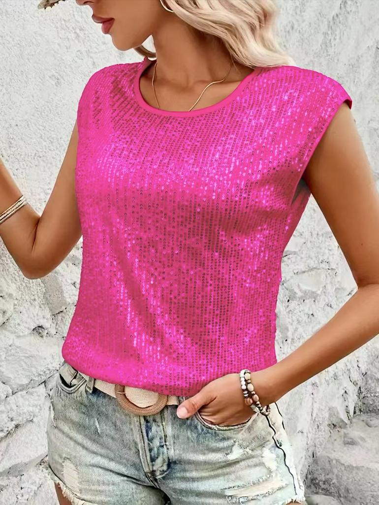 Women's Round Neck Sleeveless Sequin Tank Top Casual Party Sparkly Vest Blouse Summer Tops
