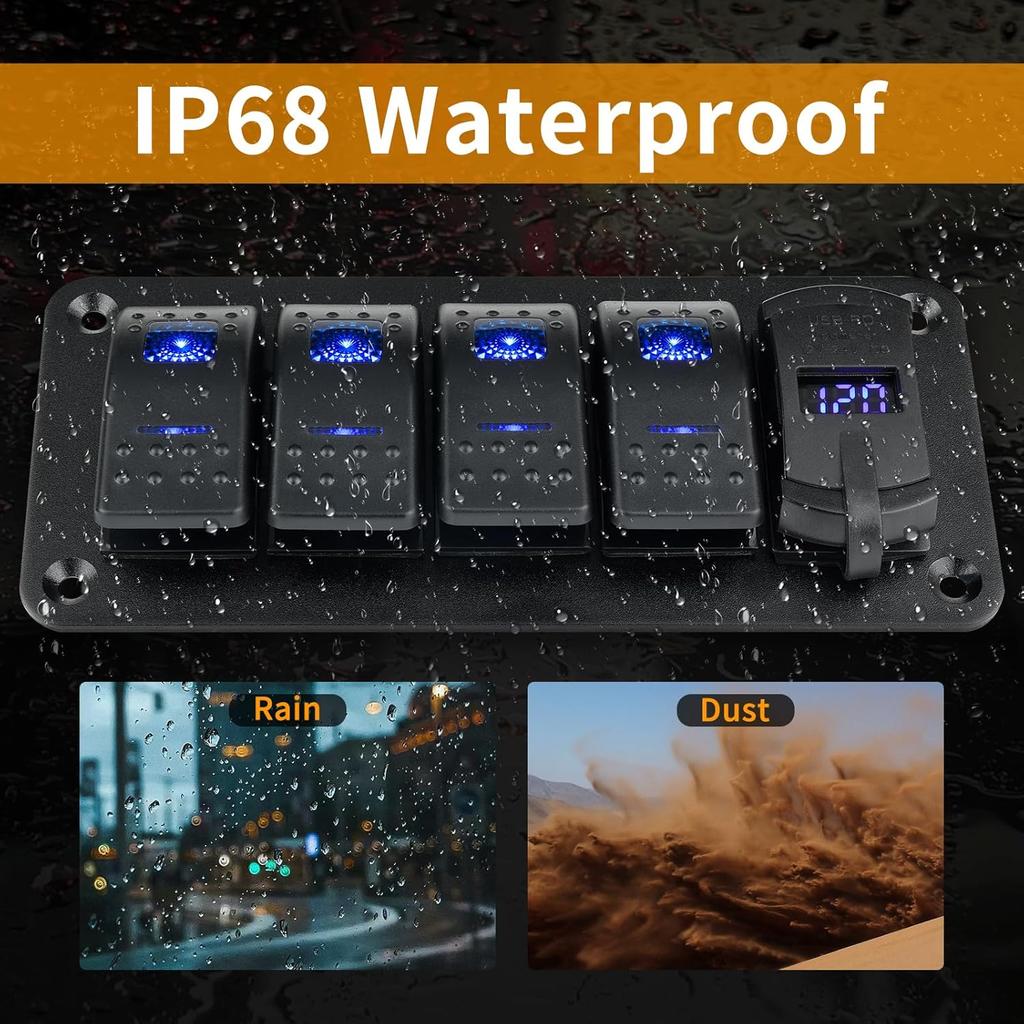 4 Gang IP68 Waterproof Boat Rocker Switch Panel DC 12-24V LED Digital Voltmeter + Dual USB (QC 3.0 & Type-C) Fast Charging Pre-Wired Toggle Switch