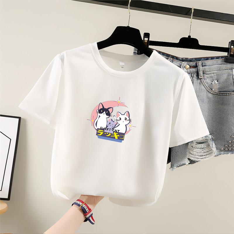 Harajuku Cute Cartoon Cat Print Short Sleeve T-shirts Women Summer Casual Loose Student T Shirt Young Girl Y2k Tops