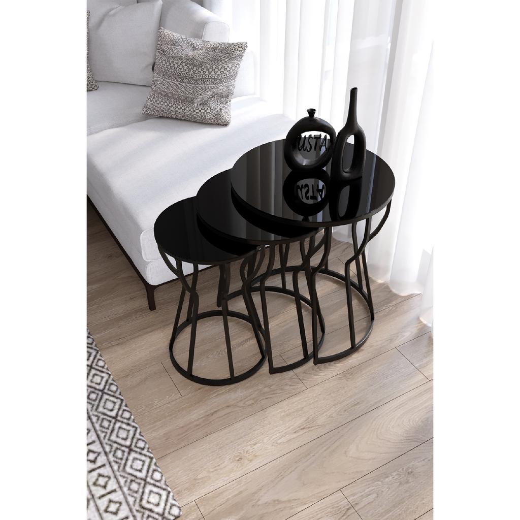 C Hourglass Nesting Table Set Of 3 Black Legs - Black Glass