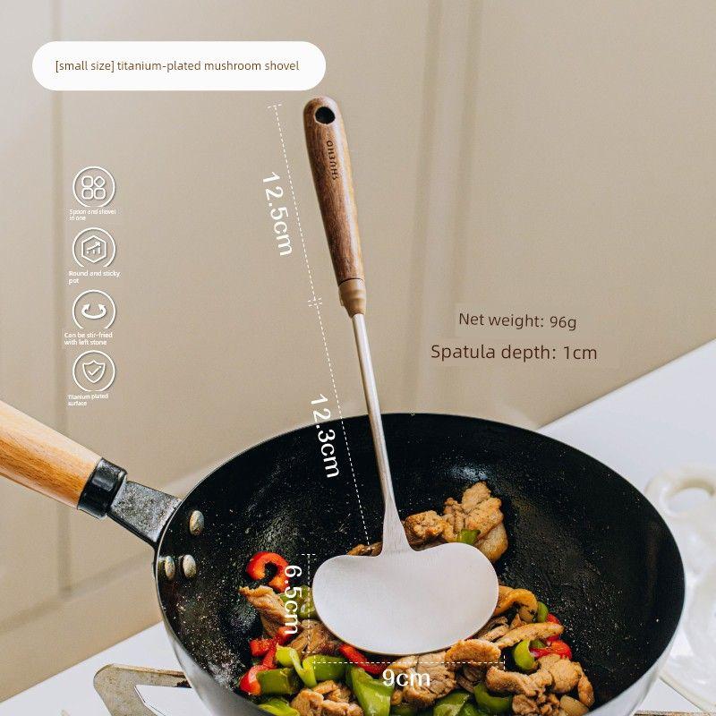 Walnut Wood Titanium-Plated Mushroom Spatula for Home Use, High-Temperature Resistant Cooking Spoon, Small Soup Spoon, Stainless Steel Spoon, Spatula [Small Size] Titanium Plated Spatula