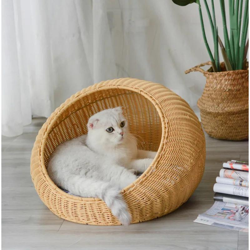 Large Semi-Enclosed Kitten Bed Handmade Rattan Woven Cat Litter Comfort Breathable Pet House Metal Frame Cat's Supplies