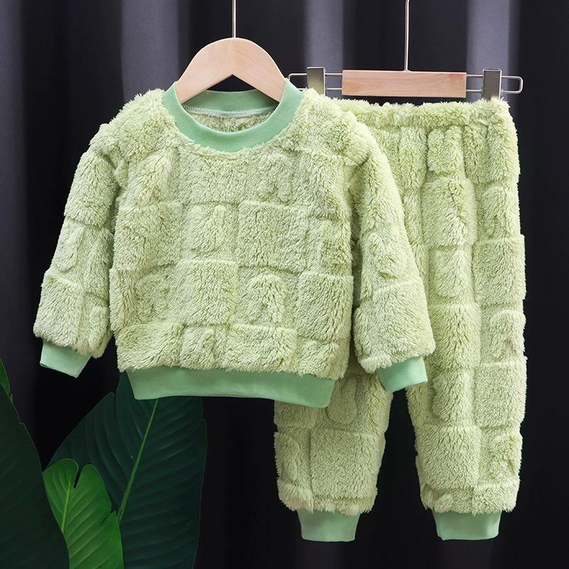 Children's Autumn and Winter Flannel Pajamas Set Boys Plus Velvet Thickened Home Service Girls Thermal Underwear Set