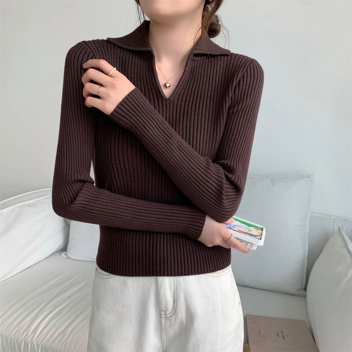 

Autumn Winter Women s Polo Collar Knit Sweater Slim-fit Long Sleeve Solid Color Pullover Sweater Stretch Knit Polo Top XL кофейный
