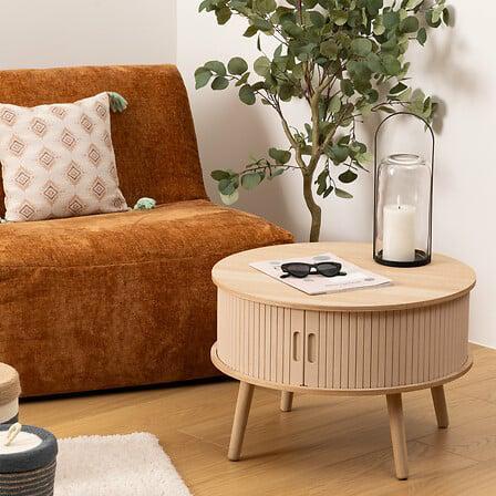 Nysos Round Beige Coffee Table With Sliding Doors Japandi