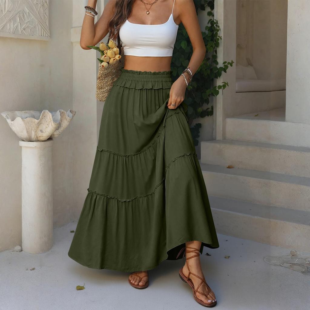 Gonna Lunga Maxi a Strati a Vita Alta da Donna con Elastico in Vita e Tasche Gonna Lunga Svasata per Uso Casual o Quotidiano