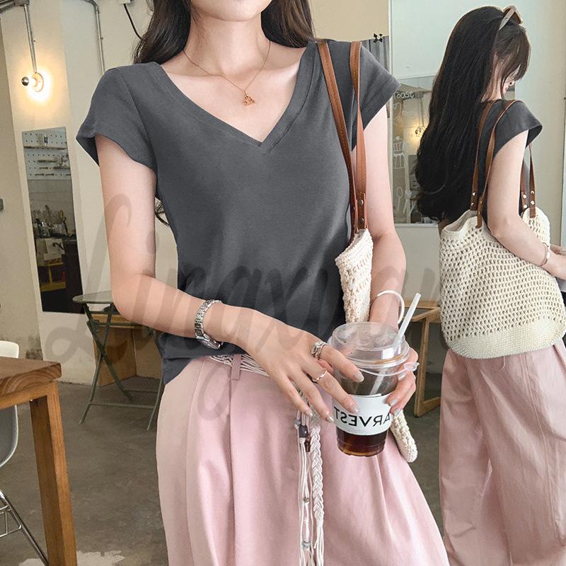 French Slim V-Neck Short-Sleeve White T-Shirt for Women - Summer 2026 New Arrival L серый